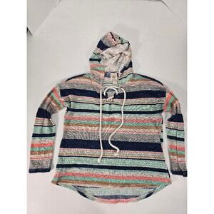 Self Esteem Striped Hoodie Pullover Lace Up Women's Top Casual Comfy BOHO L